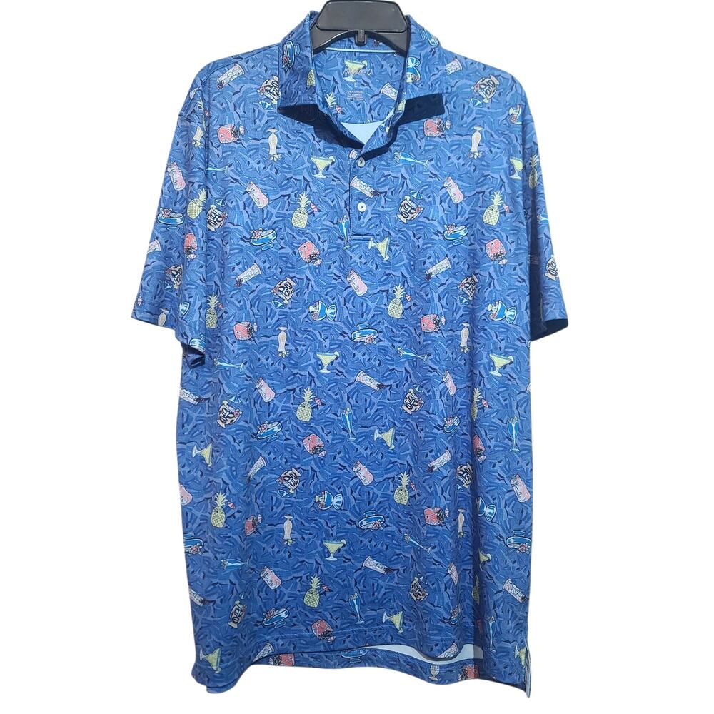 johnnie-O Tiki Bar Printed Golf Polo Blue Large GUC - Prep-Formance UPF 50